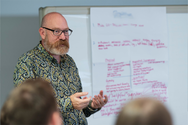 Blueprint facilitator taking a workshop standing in from of a whiteboard